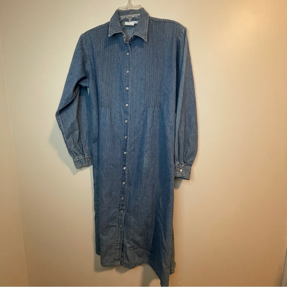 Blue Chambray Long Sleeve Pearl Snap Dress with Notched Collar